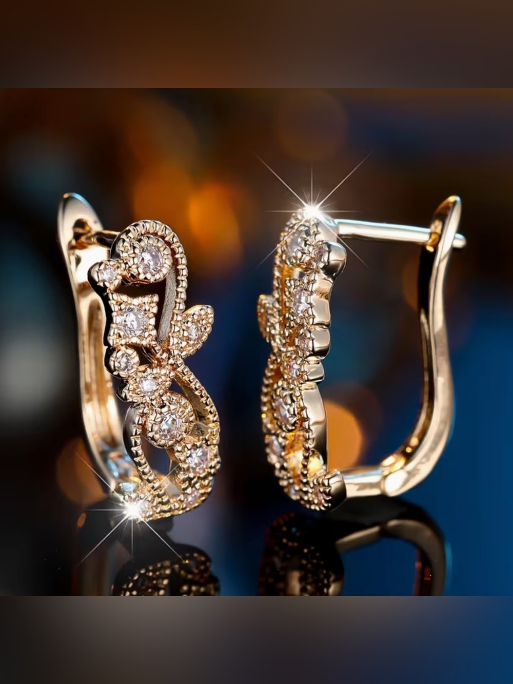 Gold Crystal Hoop Earrings - Elegant Floral Design. - Picture 4 of 6